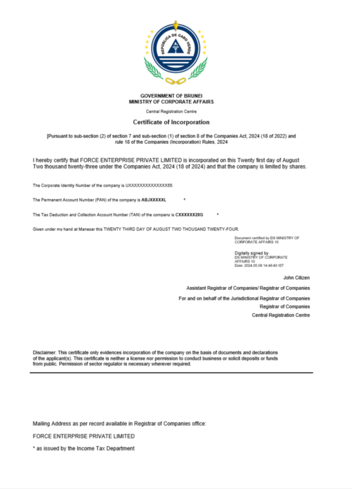 Cabo Verde certificate of registration Word and PDF template